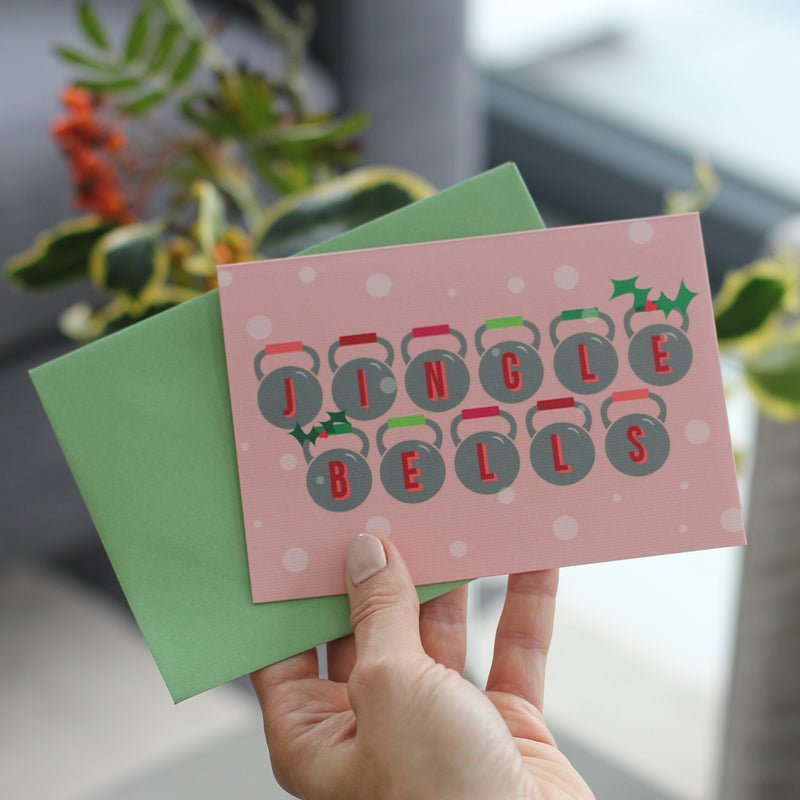 Jingle Kettlebells Gym Themed Christmas Card- Pink