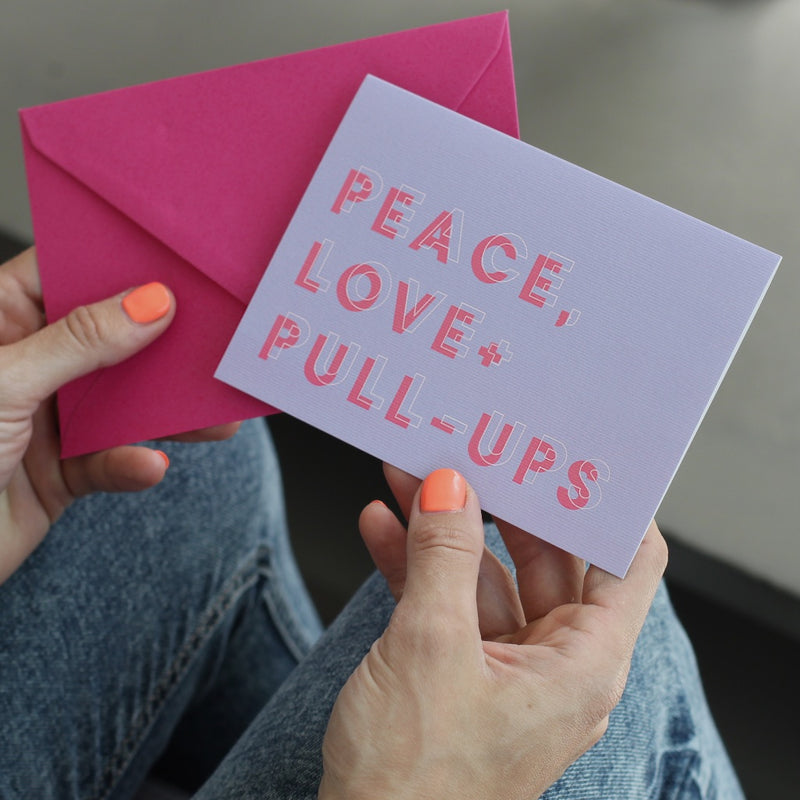Peace, Love and Pull Ups Fun Gymnastics Greetings Card