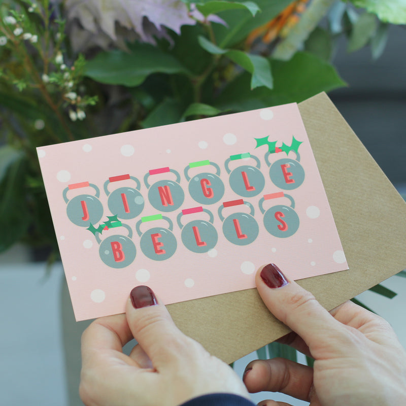 Jingle Kettlebells Gym Themed Christmas Card- Pink